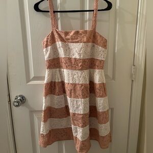 Ann Taylor Loft Tan White Floral Eyelet Striped Mini Dress Women's size 6